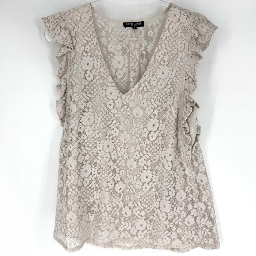 David Lerner‎ Ivory Floral Lace Ruffle Cap Sleeve Blouse Size Medium